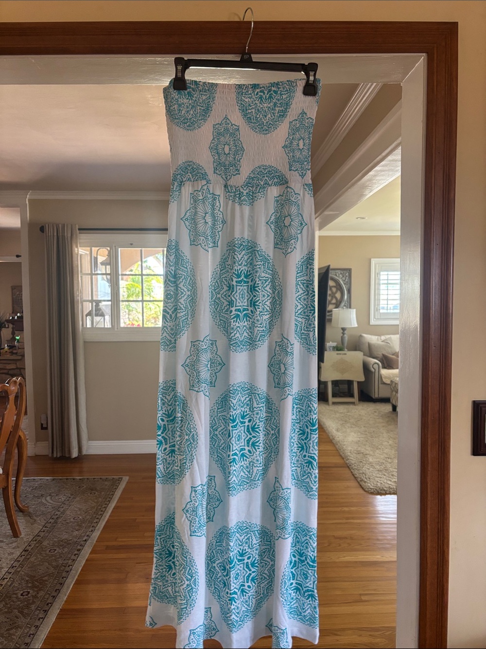 Venus White and Teal Strapless Maxi Dress Medium